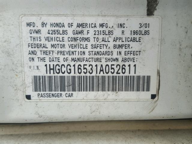 1HGCG16531A052611 - 2001 HONDA ACCORD EX WHITE photo 10