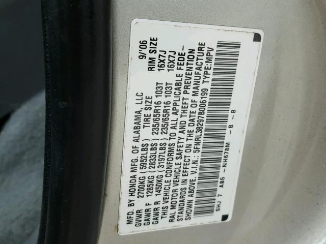 5FNRL38297B006199 - 2007 HONDA ODYSSEY LX GRAY photo 10