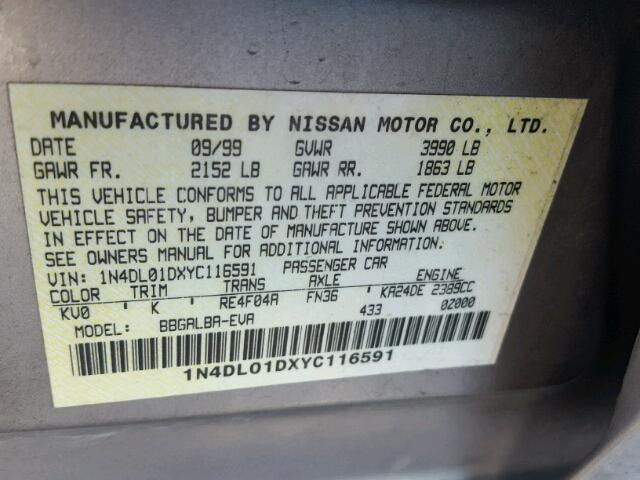 1N4DL01DXYC116591 - 2000 NISSAN ALTIMA XE GRAY photo 10