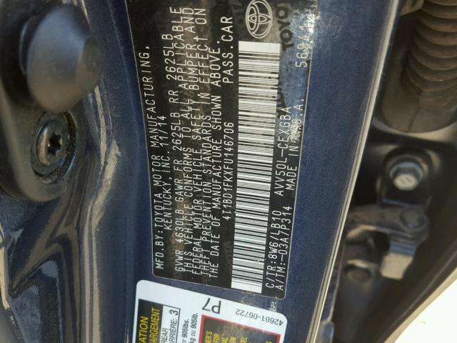 4T1BD1FKXFU146706 - 2015 TOYOTA CAMRY HYBR BLUE photo 10