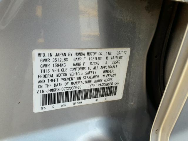 JHMGE8H37CC030563 - 2012 HONDA FIT SILVER photo 10