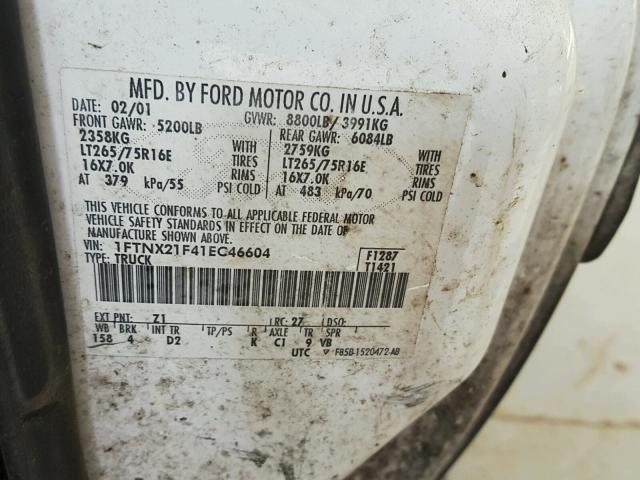 1FTNX21F41EC46604 - 2001 FORD F250 SUPER WHITE photo 10