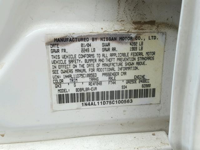 1N4AL11D75C100563 - 2005 NISSAN ALTIMA S WHITE photo 10