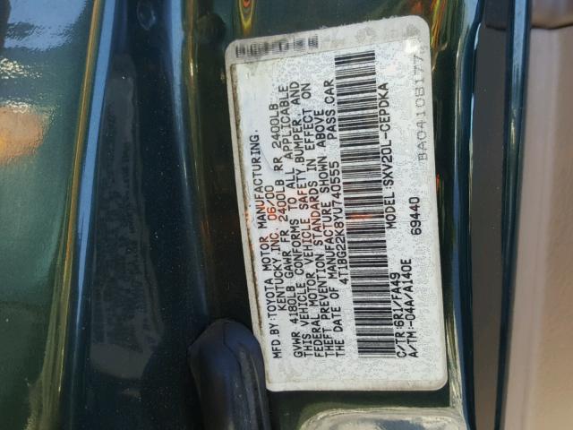 4T1BG22K8YU740555 - 2000 TOYOTA CAMRY CE GREEN photo 10