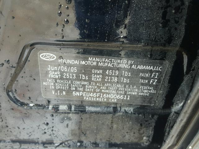 5NPEU46F16H006611 - 2006 HYUNDAI SONATA GLS BLACK photo 10