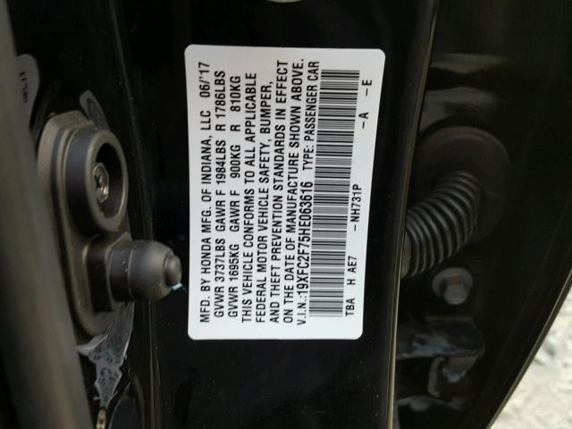 19XFC2F75HE063616 - 2017 HONDA CIVIC EX BLACK photo 10