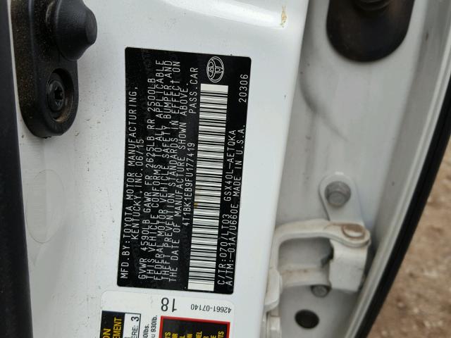 4T1BK1EB9FU177419 - 2015 TOYOTA AVALON XLE WHITE photo 10