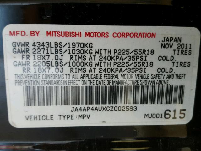 JA4AP4AUXCZ002583 - 2012 MITSUBISHI OUTLANDER BLACK photo 10