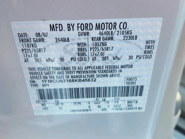 1FMCU93168KB45632 - 2008 FORD ESCAPE XLT SILVER photo 10