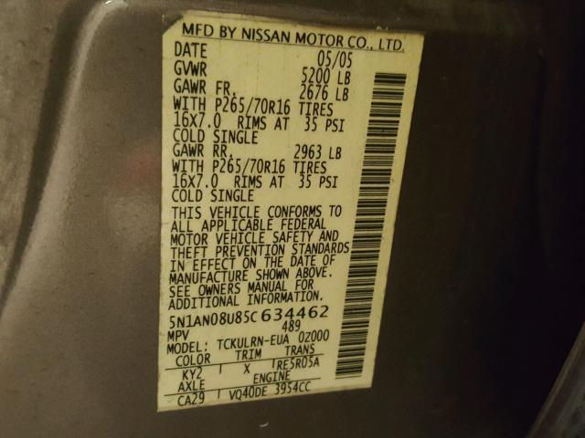 5N1AN08U85C634462 - 2005 NISSAN XTERRA OFF GRAY photo 10