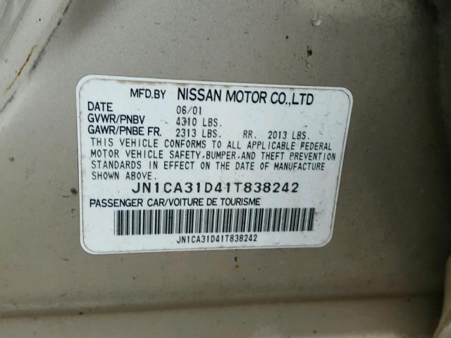 JN1CA31D41T838242 - 2001 NISSAN MAXIMA GXE GOLD photo 10