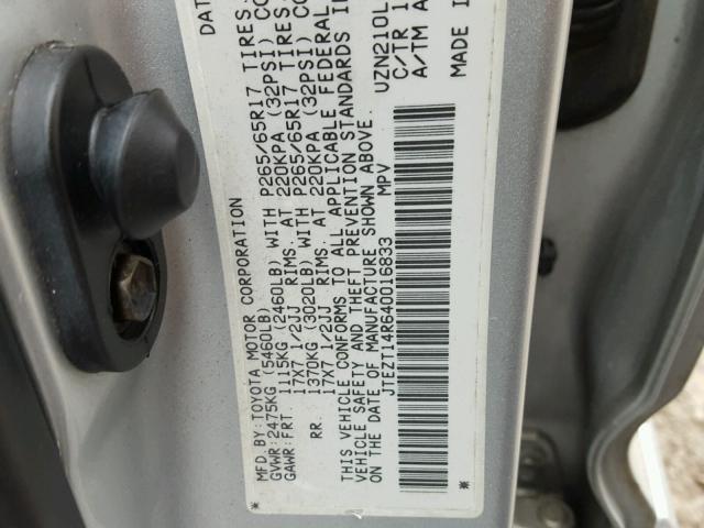 JTEZT14R640016833 - 2004 TOYOTA 4RUNNER SR SILVER photo 10