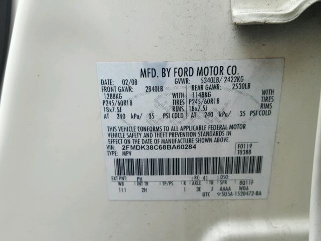 2FMDK38C68BA60284 - 2008 FORD EDGE SEL WHITE photo 10