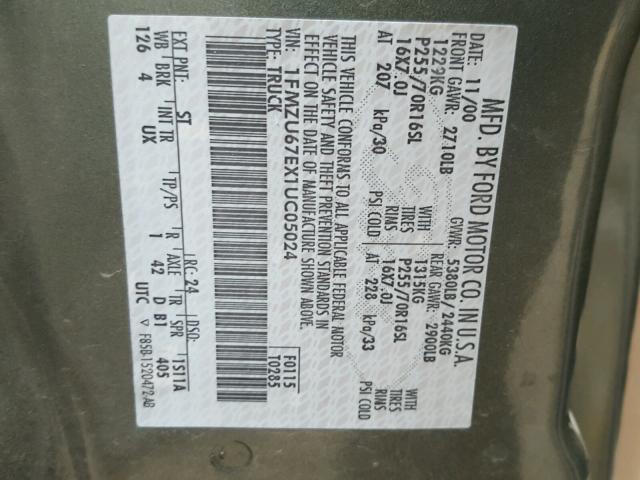 1FMZU67EX1UC05024 - 2001 FORD EXPLORER S 绿色 照片 10