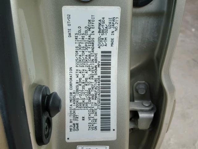 JTEGD21A220044084 - 2002 TOYOTA HIGHLANDER GOLD photo 10