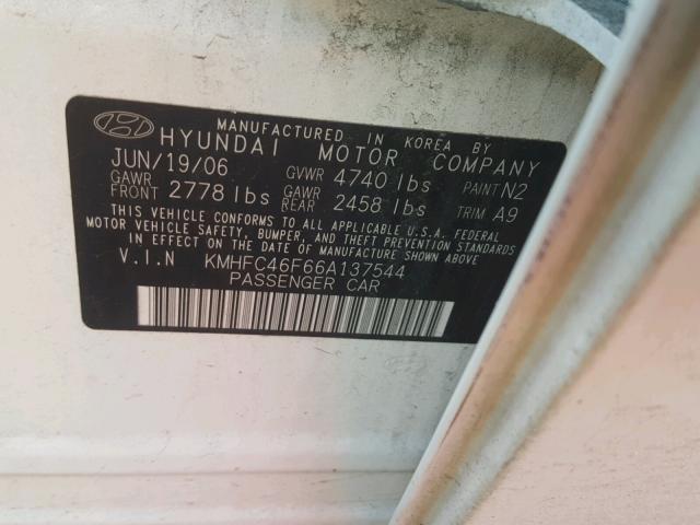 KMHFC46F66A137544 - 2006 HYUNDAI AZERA SE WHITE photo 10