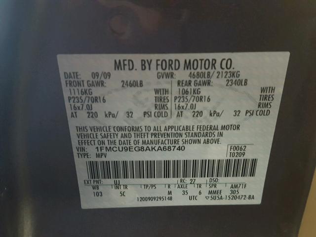 1FMCU9EG8AKA68740 - 2010 FORD ESCAPE LIM GRAY photo 10