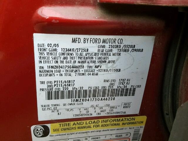 1FMZK04175GA46228 - 2005 FORD FREESTYLE MAROON photo 10