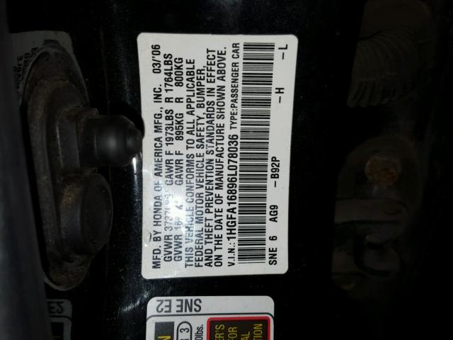 1HGFA16896L078036 - 2006 HONDA CIVIC EX BLACK photo 10