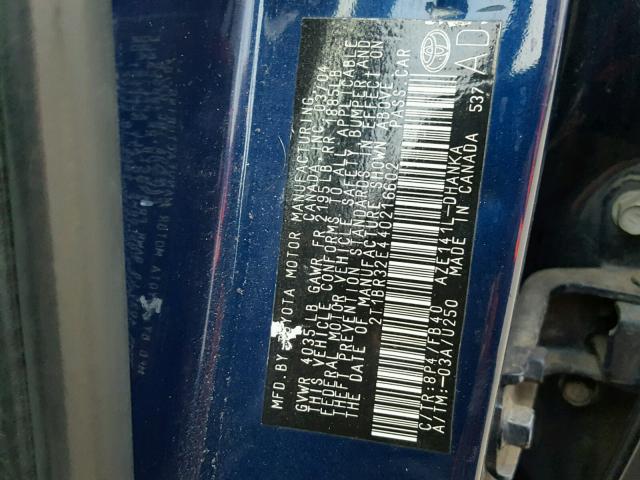 2T1BR32E440216602 - 2004 TOYOTA COROLLA CE BLUE photo 10