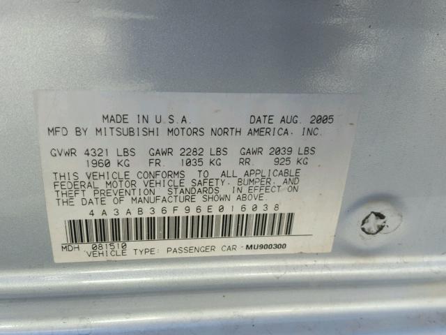 4A3AB36F96E016038 - 2006 MITSUBISHI GALANT ES SILVER photo 10