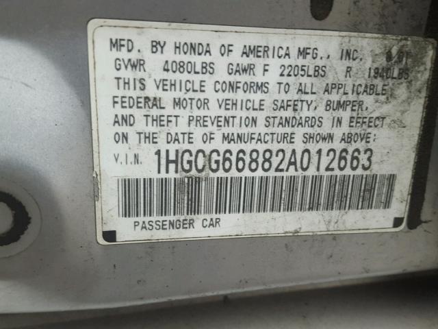 1HGCG66882A012663 - 2002 HONDA ACCORD EX SILVER photo 10