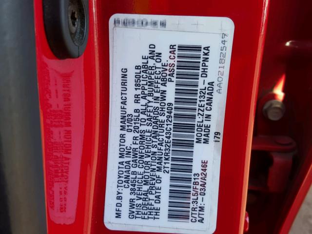 2T1KR32E43C129409 - 2003 TOYOTA COROLLA MA RED photo 10