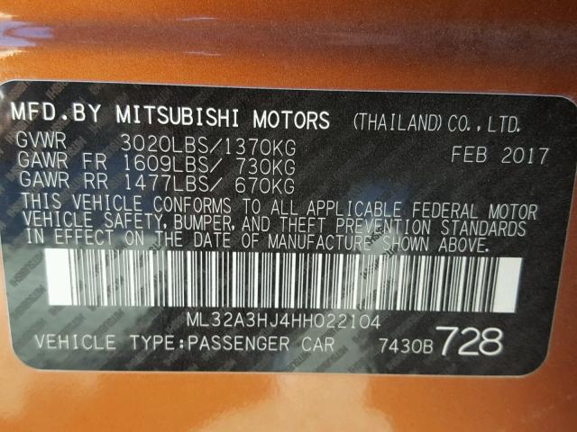 ML32A3HJ4HH022104 - 2017 MITSUBISHI MIRAGE ES ORANGE photo 10