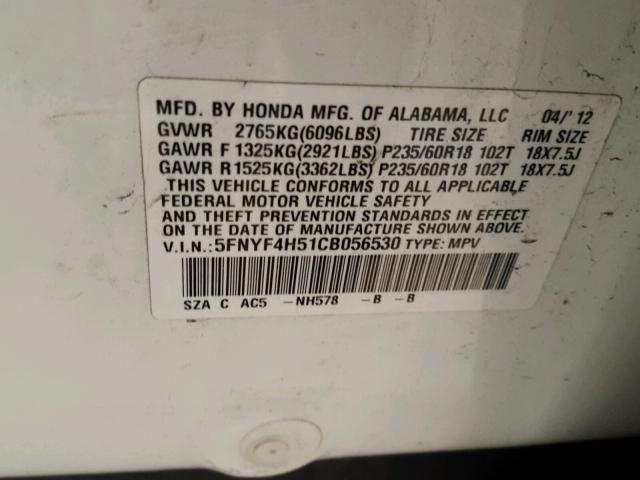 5FNYF4H51CB056530 - 2012 HONDA PILOT EXL WHITE photo 10