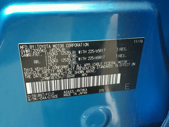 JTMWFREV2HJ118848 - 2017 TOYOTA RAV4 XLE BLUE photo 10