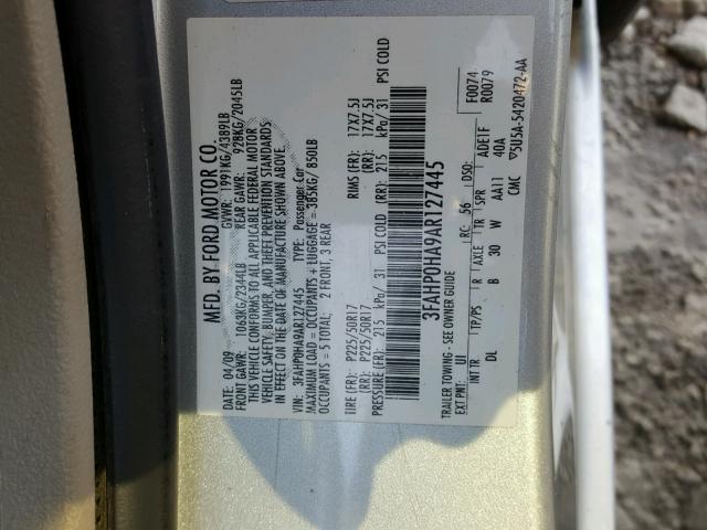 3FAHP0HA9AR127445 - 2010 FORD FUSION SE SILVER photo 10