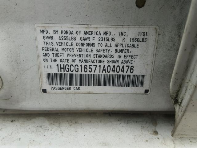 1HGCG16571A040476 - 2001 HONDA ACCORD EX WHITE photo 10