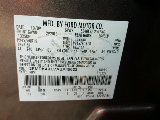 2FMDK4KC7ABA45622 - 2010 FORD EDGE LIMIT GRAY photo 10