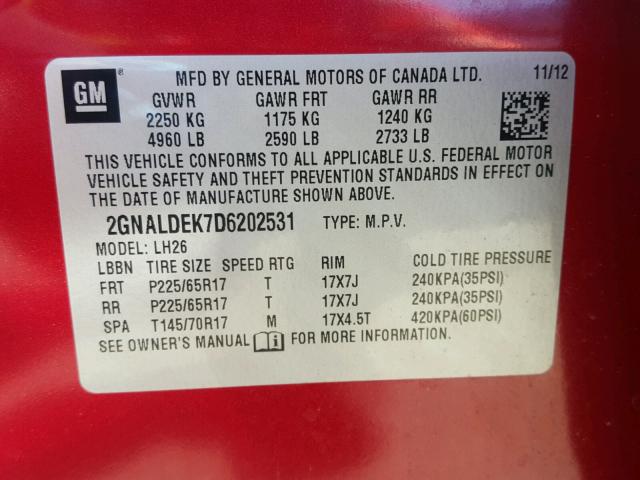 2GNALDEK7D6202531 - 2013 CHEVROLET EQUINOX LT RED photo 10