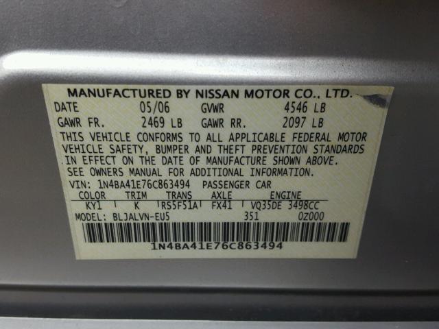 1N4BA41E76C863494 - 2006 NISSAN MAXIMA SE SILVER photo 10