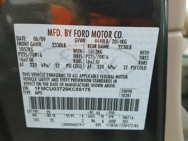 1FMCU03729KC59175 - 2009 FORD ESCAPE XLT GRAY photo 10