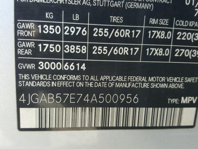 4JGAB57E74A500956 - 2004 MERCEDES-BENZ ML 350 SILVER photo 10