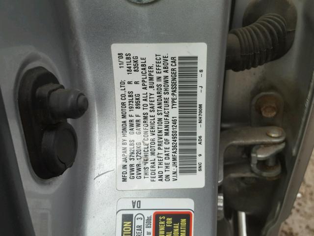 JHMFA36249S012461 - 2009 HONDA CIVIC HYBR SILVER photo 10