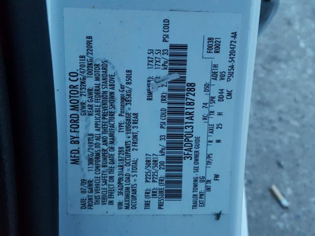 3FADP0L31AR187288 - 2010 FORD FUSION HYB WHITE photo 10