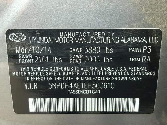 5NPDH4AE1EH503610 - 2014 HYUNDAI ELANTRA SE GRAY photo 10