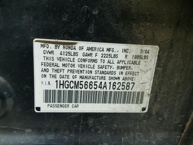 1HGCM56654A162587 - 2004 HONDA ACCORD EX CHARCOAL photo 10