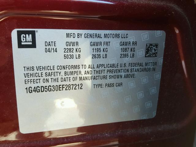 1G4GD5G30EF287212 - 2014 BUICK LACROSSE P BURGUNDY photo 10