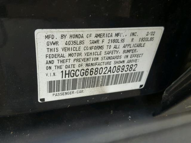 1HGCG66802A089382 - 2002 HONDA ACCORD EX BLACK photo 10