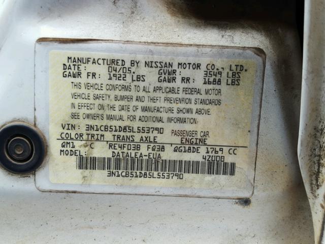 3N1CB51D85L553790 - 2005 NISSAN SENTRA 1.8 WHITE photo 10