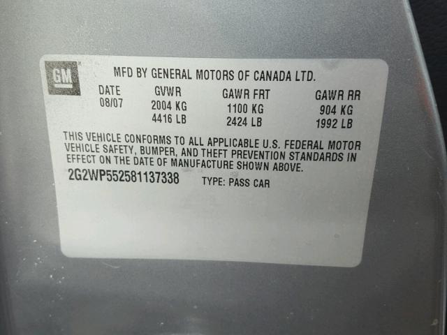 2G2WP552581137338 - 2008 PONTIAC GRAND PRIX GRAY photo 10