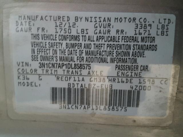 3N1CN7AP1DL858575 - 2013 NISSAN VERSA S CHARCOAL photo 10