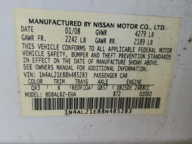 1N4AL21E88N485283 - 2008 NISSAN ALTIMA 2.5 WHITE photo 10