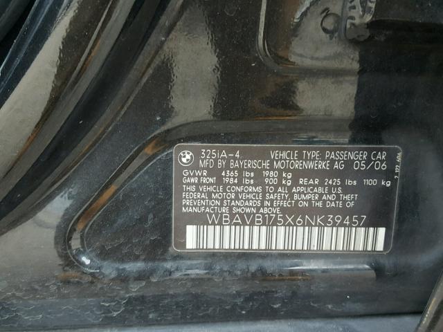 WBAVB175X6NK39457 - 2006 BMW 325 I AUTO BLACK photo 10