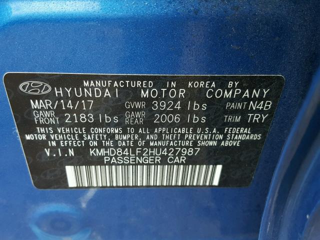 KMHD84LF2HU427987 - 2017 HYUNDAI ELANTRA SE BLUE photo 10