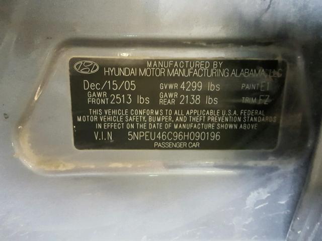 5NPEU46C96H090196 - 2006 HYUNDAI SONATA GLS SILVER photo 10